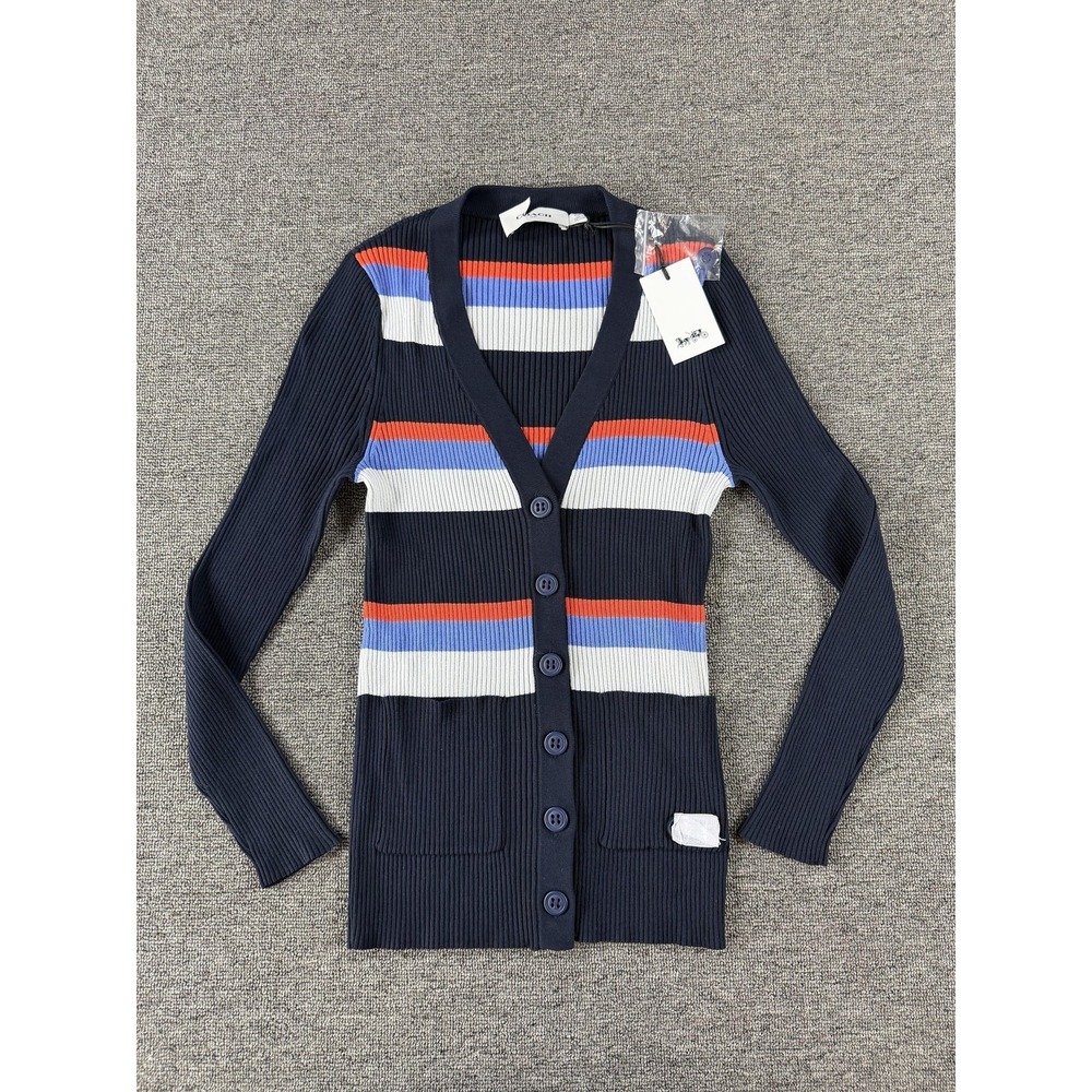 Coach Cardigan Sweater Womens XS Multi Summer Cardi Stripe Rib Knit V Neck
